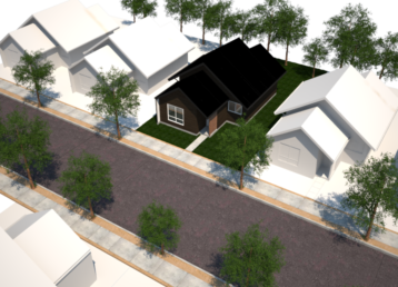 Plano de viviendas café, negro y blanco, con árboles verdes renderizado, que forman parte del servicio de Diseño de Nueva San José Ingeniería y Construcción